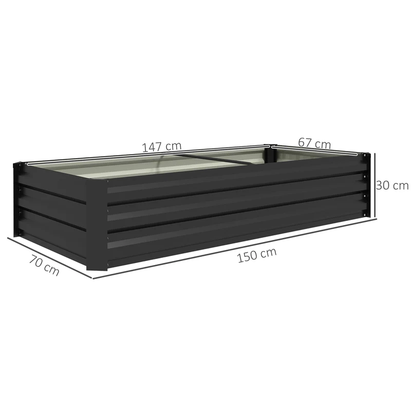 Bac rectangulaire surélevé jardin 150 x 70 x 30 cm fond ouvert bordure de sécurité moderne en acier galvanisé noir 21_0005456