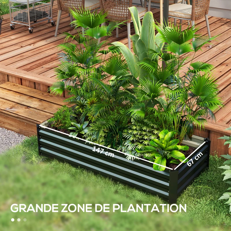 Bac rectangulaire surélevé jardin 150 x 70 x 30 cm fond ouvert bordure de sécurité moderne en acier galvanisé noir 21_0005456