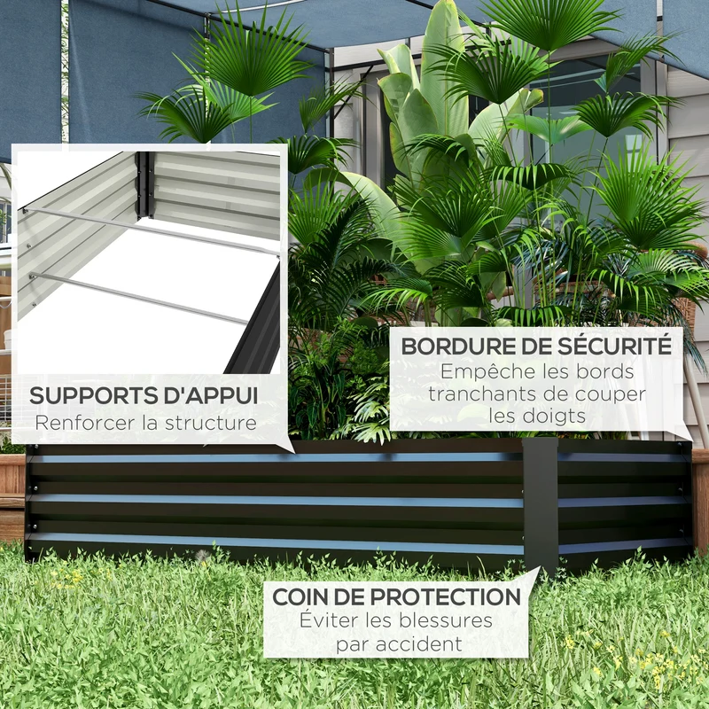 Bac rectangulaire surélevé jardin 150 x 70 x 30 cm fond ouvert bordure de sécurité moderne en acier galvanisé noir 21_0005456