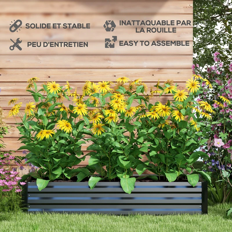 Bac rectangulaire surélevé jardin 150 x 70 x 30 cm fond ouvert bordure de sécurité moderne en acier galvanisé noir 21_0005456