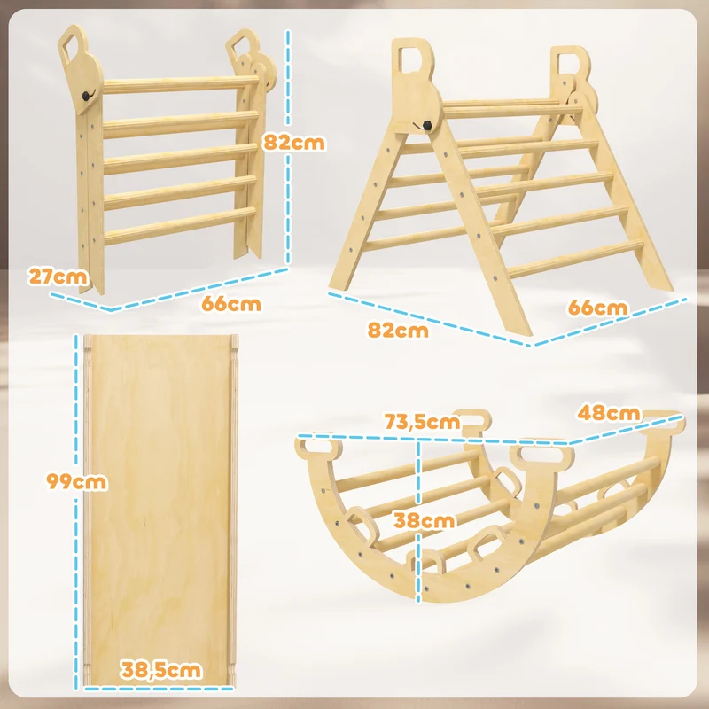 Triangle d'escalade enfant multifonction 185 x 66 x 71 cm angle réglable supporte 50 kg scandinave épuré en bois naturel 21_0000301