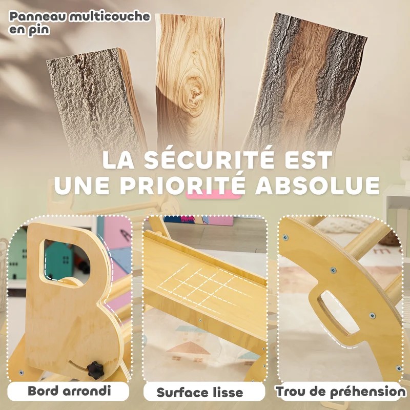 Triangle d'escalade enfant multifonction 185 x 66 x 71 cm angle réglable supporte 50 kg scandinave épuré en bois naturel 21_0000301