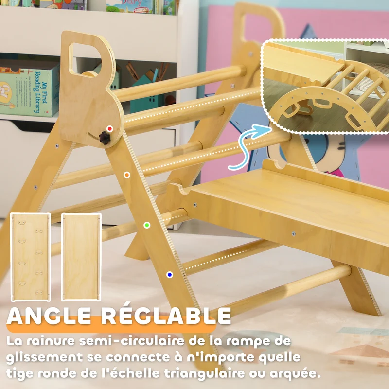 Triangle d'escalade enfant multifonction 185 x 66 x 71 cm angle réglable supporte 50 kg scandinave épuré en bois naturel 21_0000301