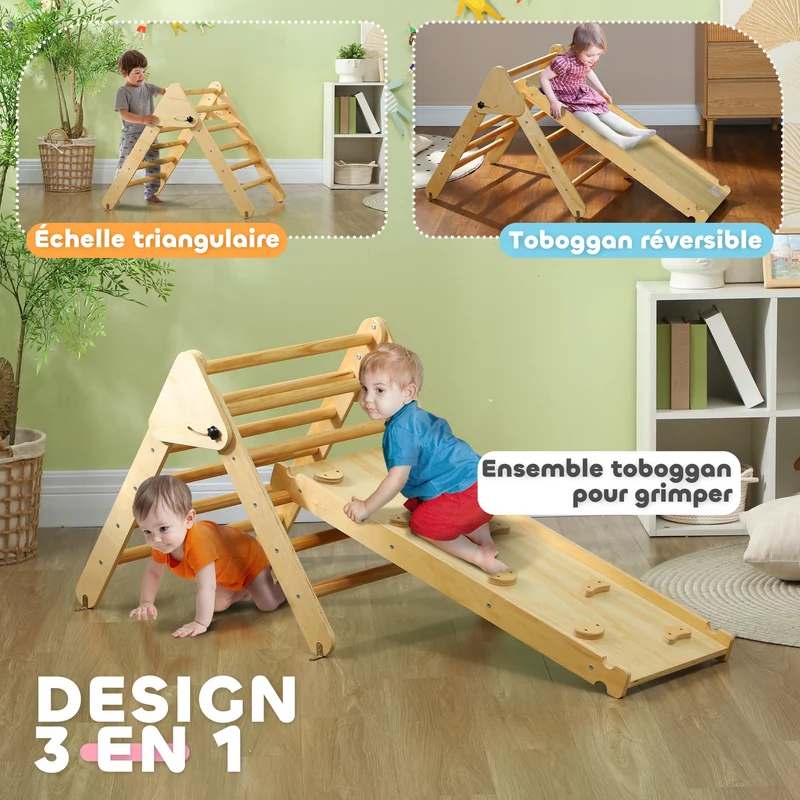 Triangle d'escalade 3 en 1 intérieur pliable pour enfant 147 x 64,5 x 6,5 cm sécurité ergonomique replié en bois naturel 21_0000304