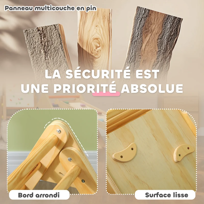 Triangle d'escalade 3 en 1 intérieur pliable pour enfant 147 x 64,5 x 6,5 cm sécurité ergonomique replié en bois naturel 21_0000304