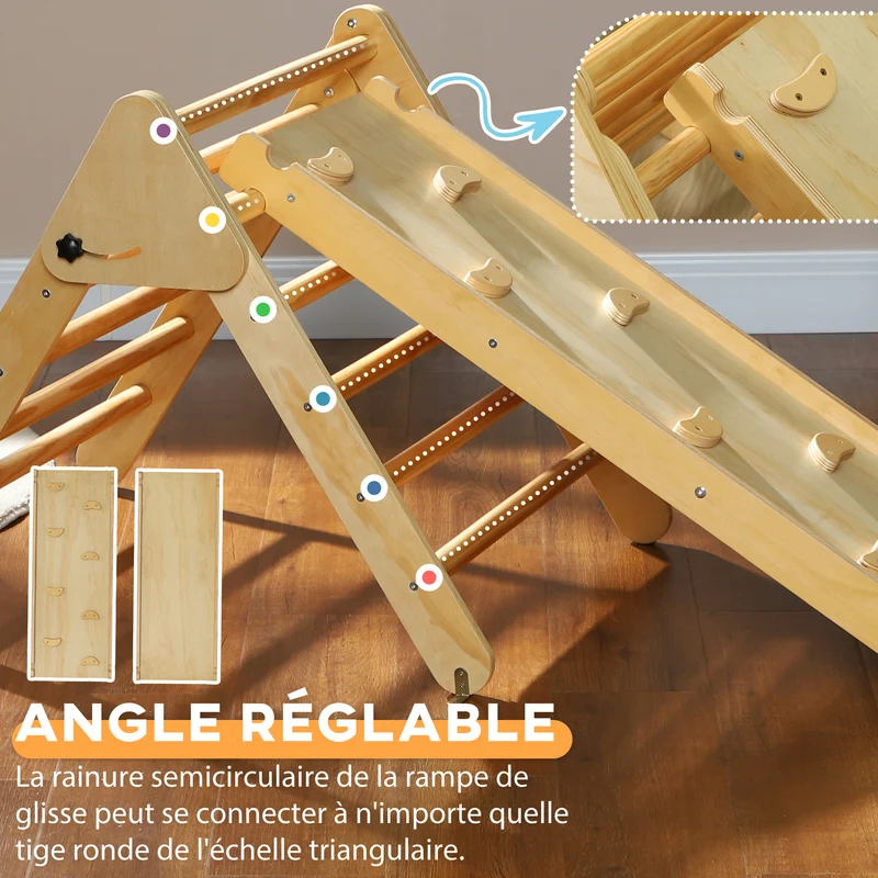 Triangle d'escalade 3 en 1 intérieur pliable pour enfant 147 x 64,5 x 6,5 cm sécurité ergonomique replié en bois naturel 21_0000304