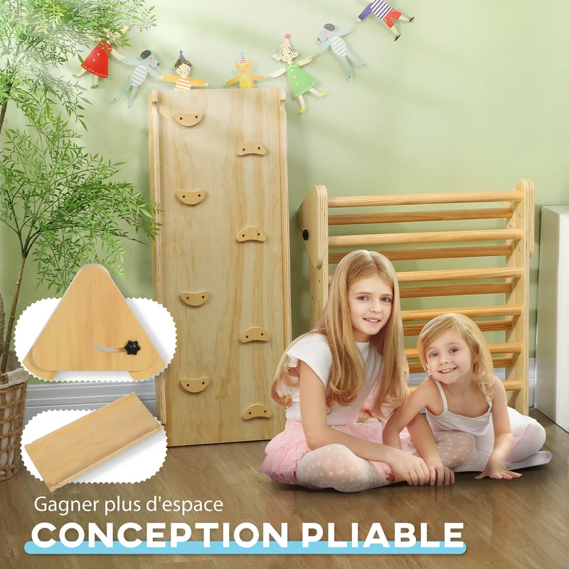 Triangle d'escalade 3 en 1 intérieur pliable pour enfant 147 x 64,5 x 6,5 cm sécurité ergonomique replié en bois naturel 21_0000304