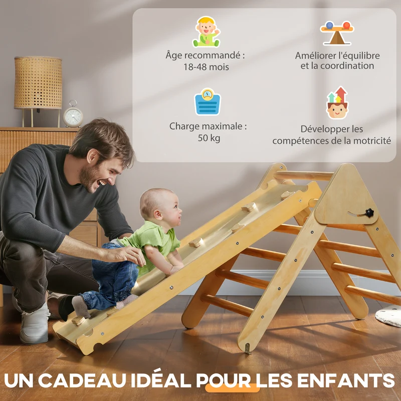 Triangle d'escalade 3 en 1 intérieur pliable pour enfant 147 x 64,5 x 6,5 cm sécurité ergonomique replié en bois naturel 21_0000304