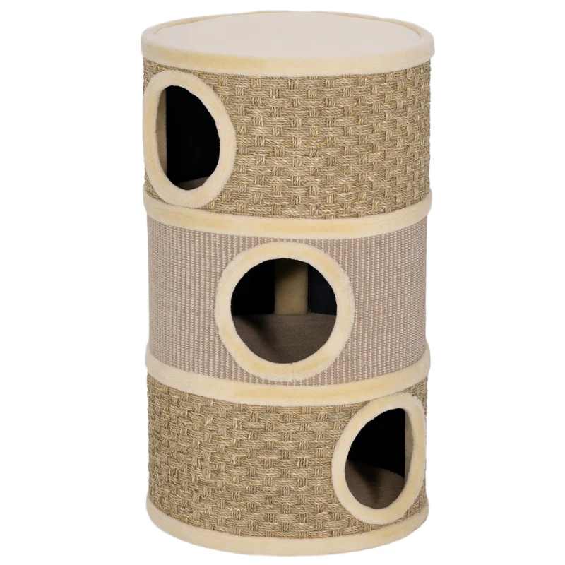 Tonneau à griffer pour chat 45 x 45 x 79 cm 3 niches douillettes grattage protégé meubles moderne épuré en peluche kaki 21_0007649