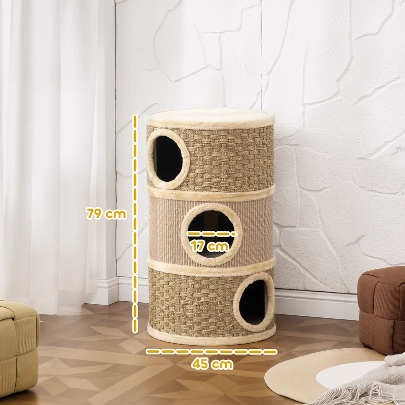 Tonneau à griffer pour chat 45 x 45 x 79 cm 3 niches douillettes grattage protégé meubles moderne épuré en peluche kaki 21_0007649