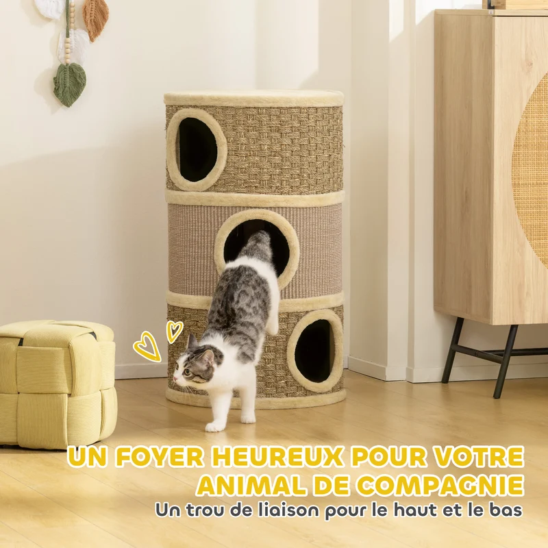 Tonneau à griffer pour chat 45 x 45 x 79 cm 3 niches douillettes grattage protégé meubles moderne épuré en peluche kaki 21_0007649