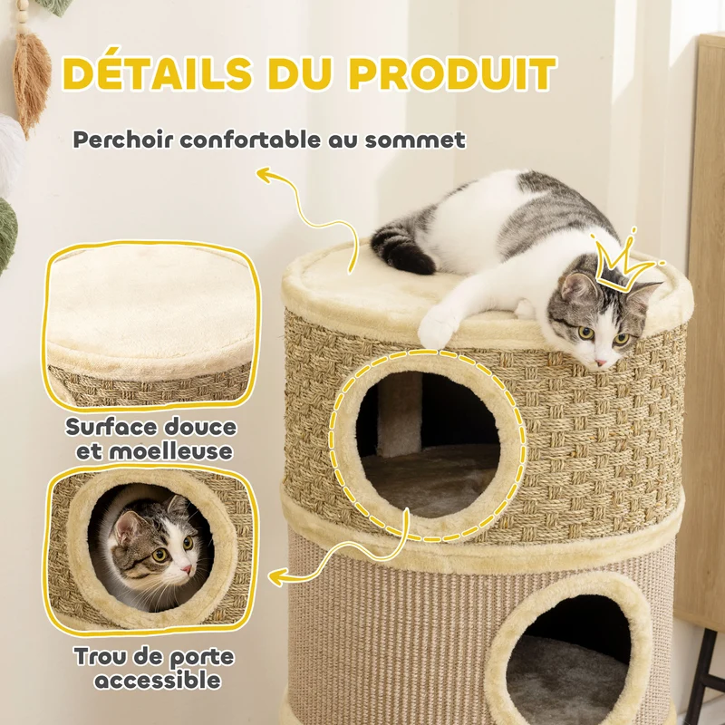 Tonneau à griffer pour chat 45 x 45 x 79 cm 3 niches douillettes grattage protégé meubles moderne épuré en peluche kaki 21_0007649