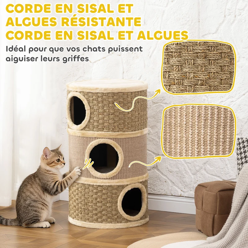Tonneau à griffer pour chat 45 x 45 x 79 cm 3 niches douillettes grattage protégé meubles moderne épuré en peluche kaki 21_0007649