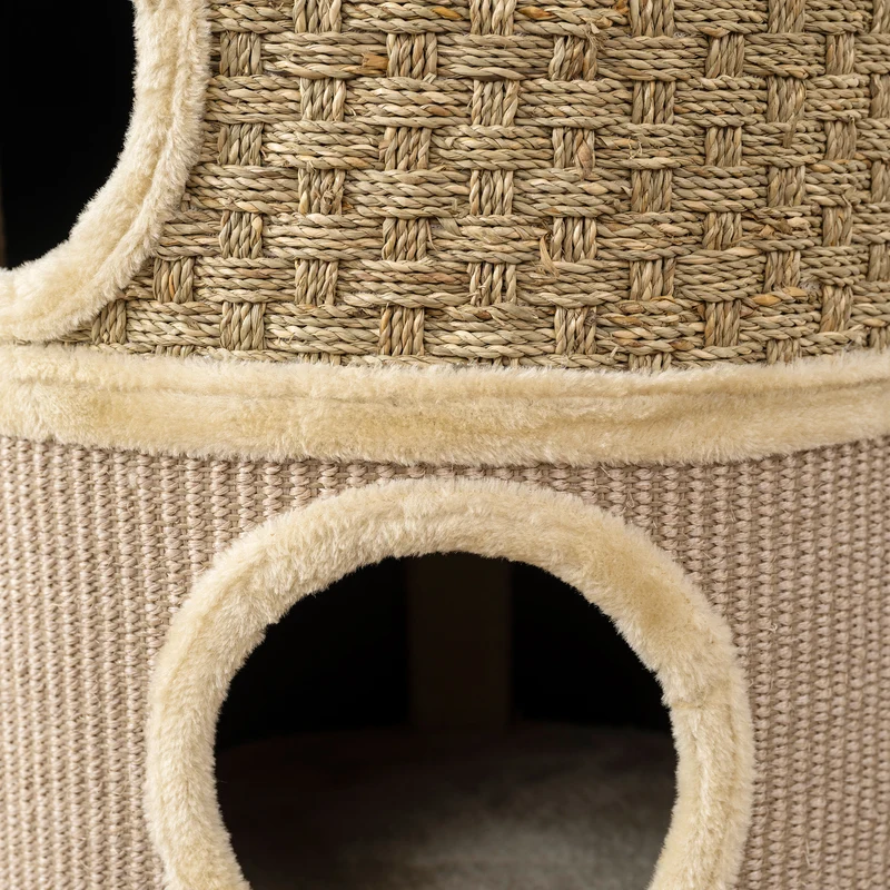 Tonneau à griffer pour chat 45 x 45 x 79 cm 3 niches douillettes grattage protégé meubles moderne épuré en peluche kaki 21_0007649