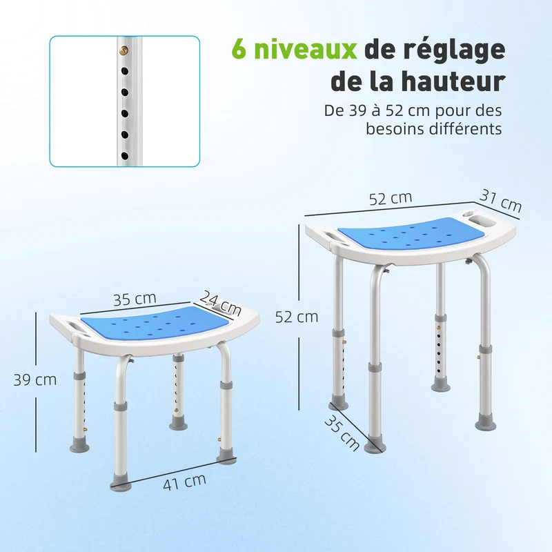 Tabouret de douche 52 x 31 x 52 cm hauteur réglable 6 positions ergonomique épuré en polyéthylène haute densité blanc 21_0000866