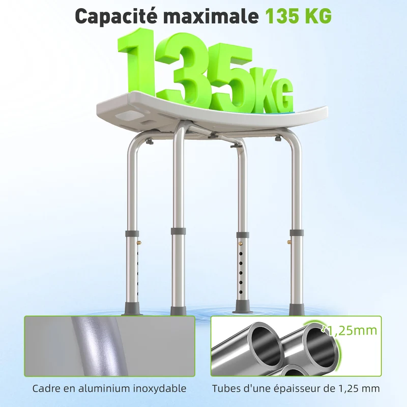 Tabouret de douche 52 x 31 x 52 cm hauteur réglable 6 positions ergonomique épuré en polyéthylène haute densité blanc 21_0000866