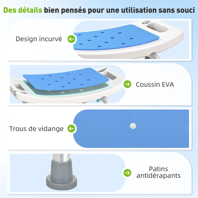 Tabouret de douche 52 x 31 x 52 cm hauteur réglable 6 positions ergonomique épuré en polyéthylène haute densité blanc 21_0000866