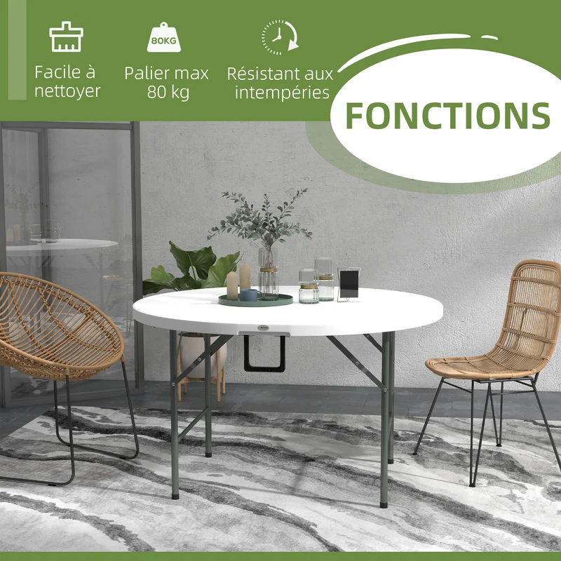 Table ronde de jardin 122 x 122 x 73 cm pliable facile à nettoyer pour terrasse moderne contemporain en plastique blanc 21_0005200