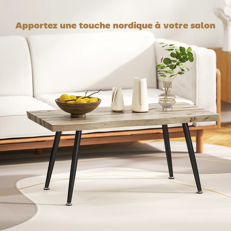 Table basse salon 100 x 50 x 45 cm plateau 4 cm pieds acier résistance rayures style nordique contemporain en MDF chêne 21_0003552
