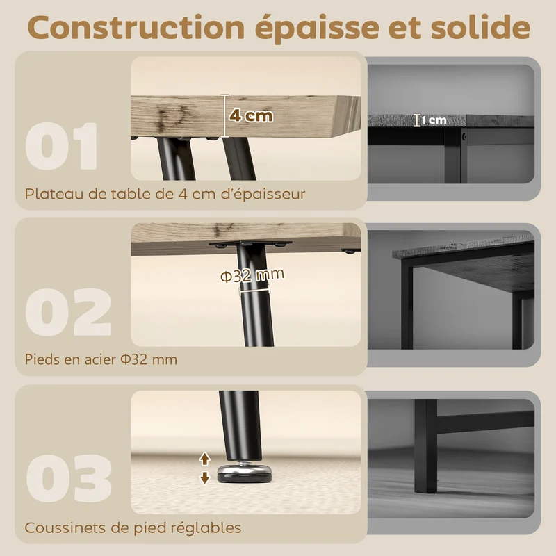 Table basse salon 100 x 50 x 45 cm plateau 4 cm pieds acier résistance rayures style nordique contemporain en MDF chêne 21_0003552