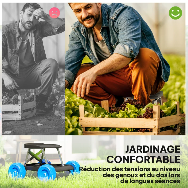 Siège roulant tabouret de jardinage 50 x 49 x 32 cm assise confortable plateau porte-outils moderne design en PP bleu 21_0005550