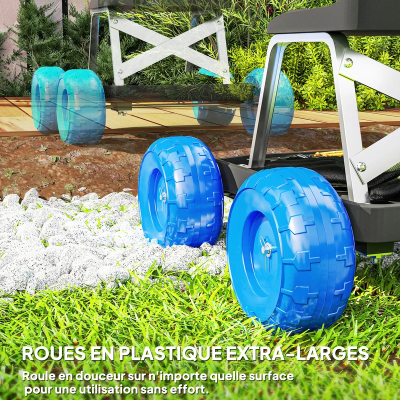 Siège roulant tabouret de jardinage 50 x 49 x 32 cm assise confortable plateau porte-outils moderne design en PP bleu 21_0005550