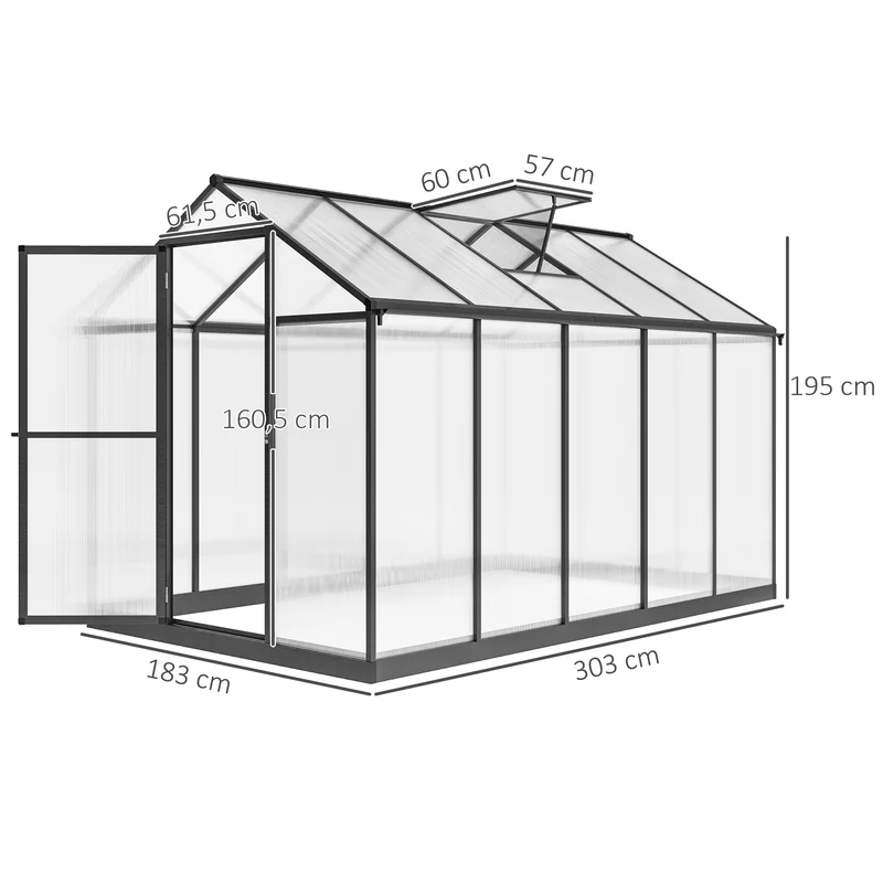 Serre de jardin 303 x 183 x 195 cm ventilation réglable double paroi anti uv moderne épuré en polycarbonate transparent 21_0004123