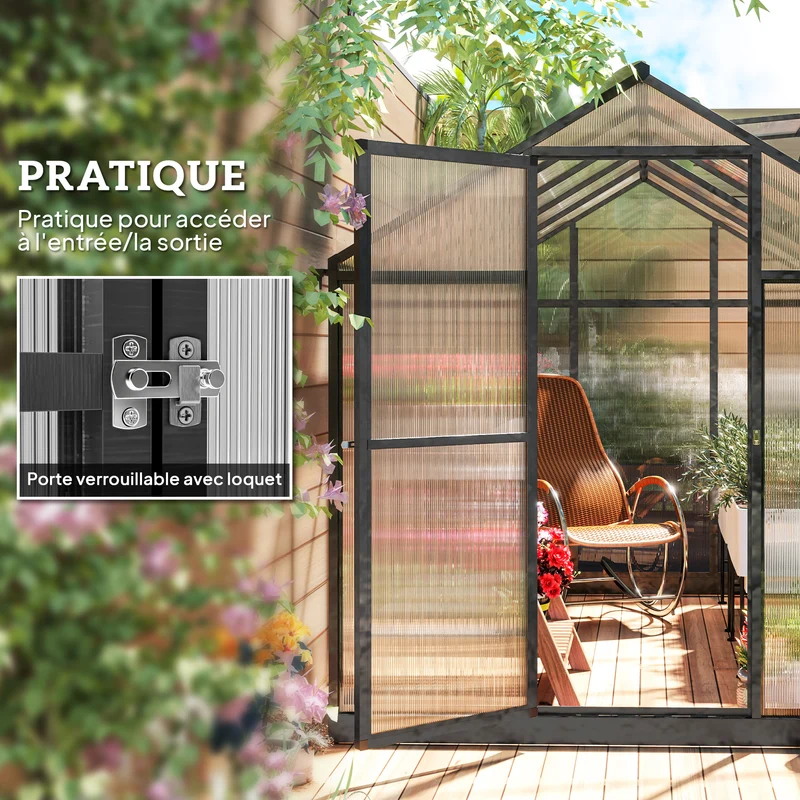 Serre de jardin 303 x 183 x 195 cm ventilation réglable double paroi anti uv moderne épuré en polycarbonate transparent 21_0004123