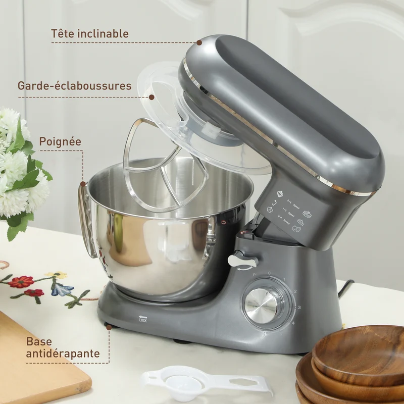 Robot pâtissier cuisine 35 x 22 x 29 cm moteur 1300 watts bol 4,5 l rapide design épuré en acier inoxydable argenté 21_0000957