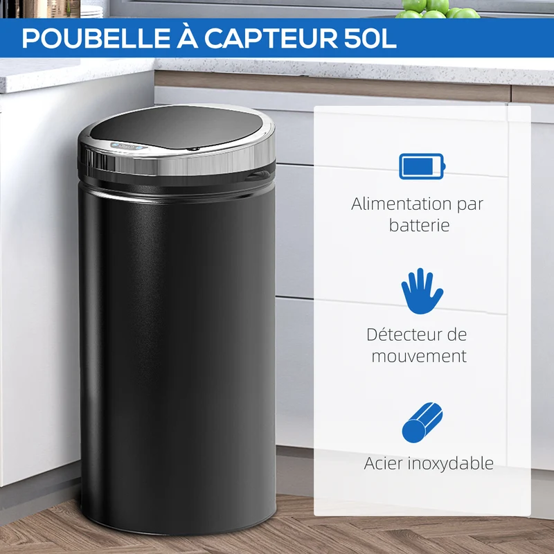 Poubelle automatique de cuisine 30,5 x 30,5 x 68 cm ouverture automatique bac amovible moderne en acier galvanisé noir 21_0000108