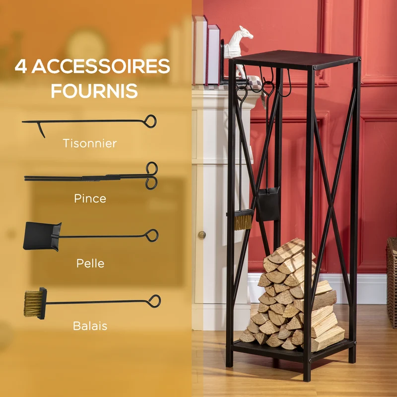 Porte-bûches colonne pour cheminée 34 x 34 x 111 cm étagère intégrée rangement accessoires design épuré en métal noir 21_0003903