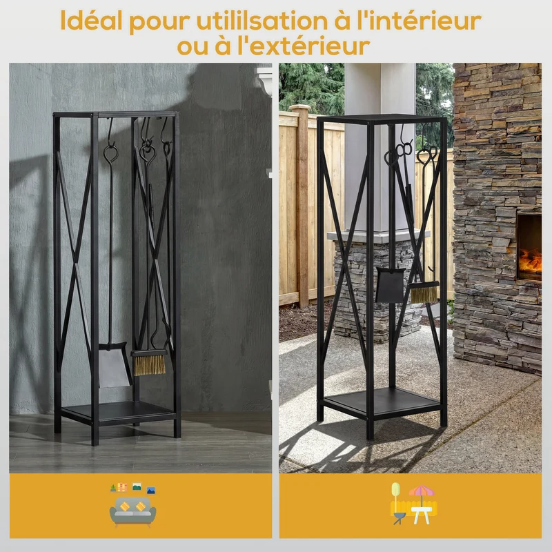 Porte-bûches colonne pour cheminée 34 x 34 x 111 cm étagère intégrée rangement accessoires design épuré en métal noir 21_0003903