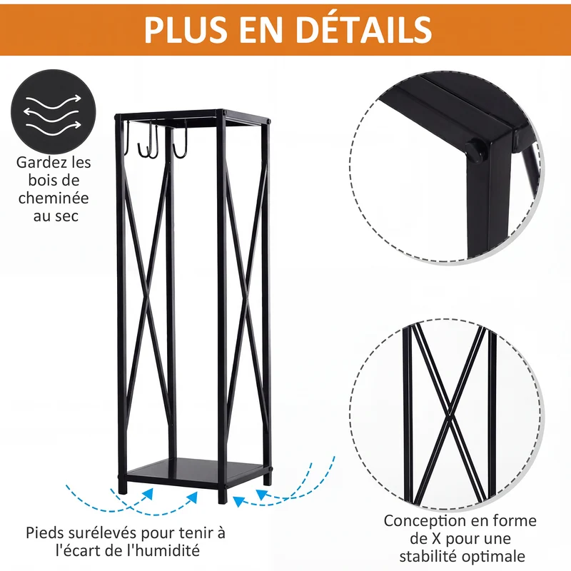 Porte-bûches colonne pour cheminée 34 x 34 x 111 cm étagère intégrée rangement accessoires design épuré en métal noir 21_0003903