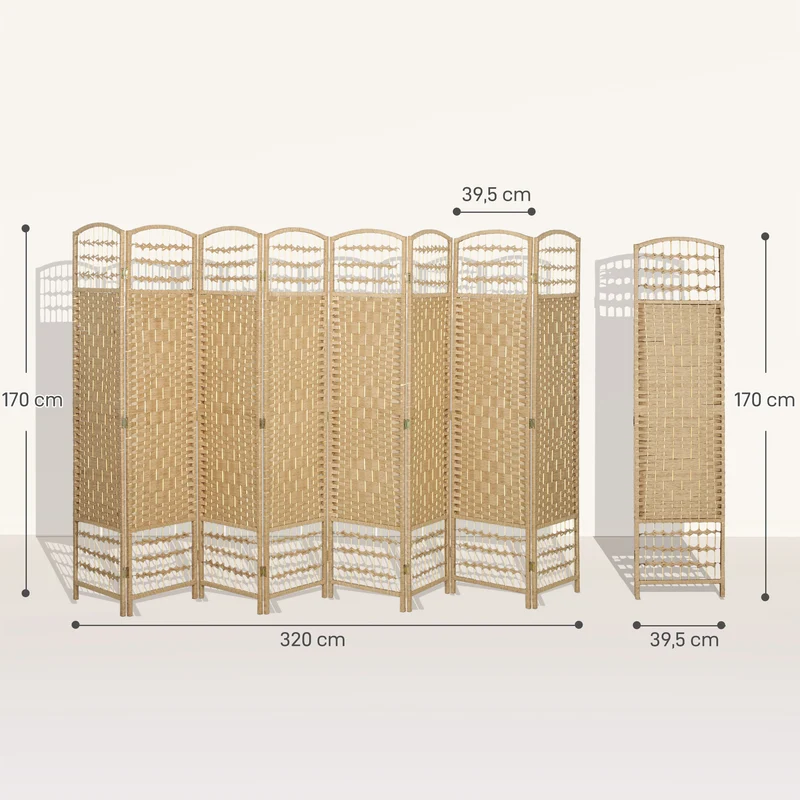 Paravent séparateur pliable 8 panneaux 320 x 170 x 1,5 cm séparation intime moderne épuré en bois massif bois naturel 21_0001277