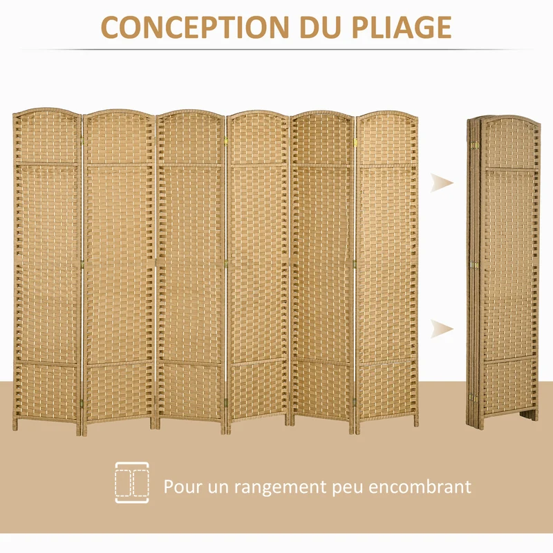 Paravent intérieur 6 panneaux séparateur pliable 240 x 1.6 x 170 cm intimité modulable design scandinave en bois naturel 21_0001327