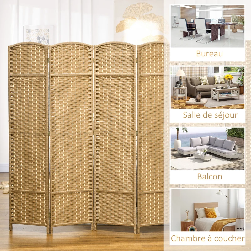Paravent intérieur 6 panneaux séparateur pliable 240 x 1.6 x 170 cm intimité modulable design scandinave en bois naturel 21_0001327
