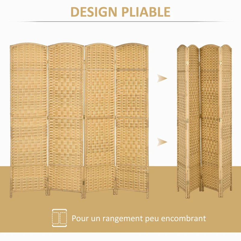 Paravent intérieur 4 panneaux pliable séparateur 180 x 1,7 x 180 cm gain d'intimité décoratif scandinave en bois naturel 21_0001339