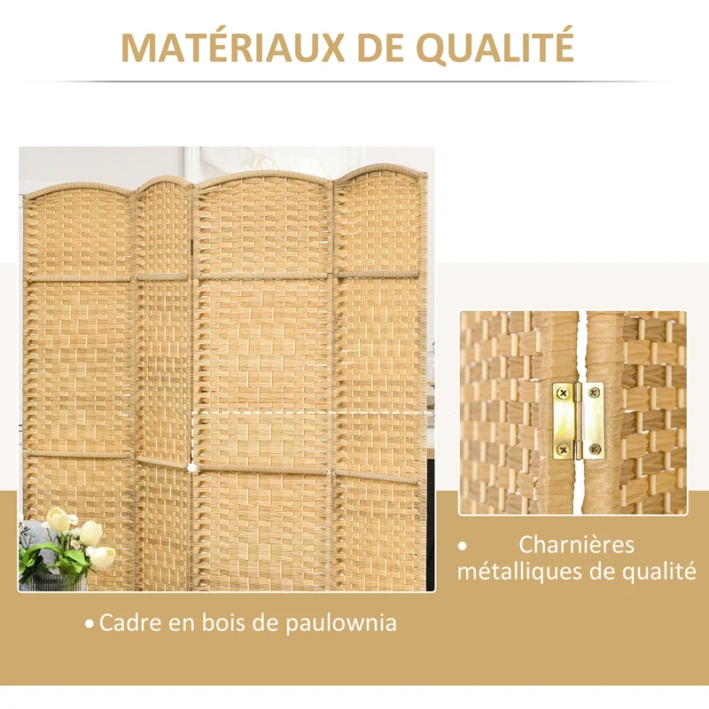 Paravent intérieur 4 panneaux pliable séparateur 180 x 1,7 x 180 cm gain d'intimité décoratif scandinave en bois naturel 21_0001339