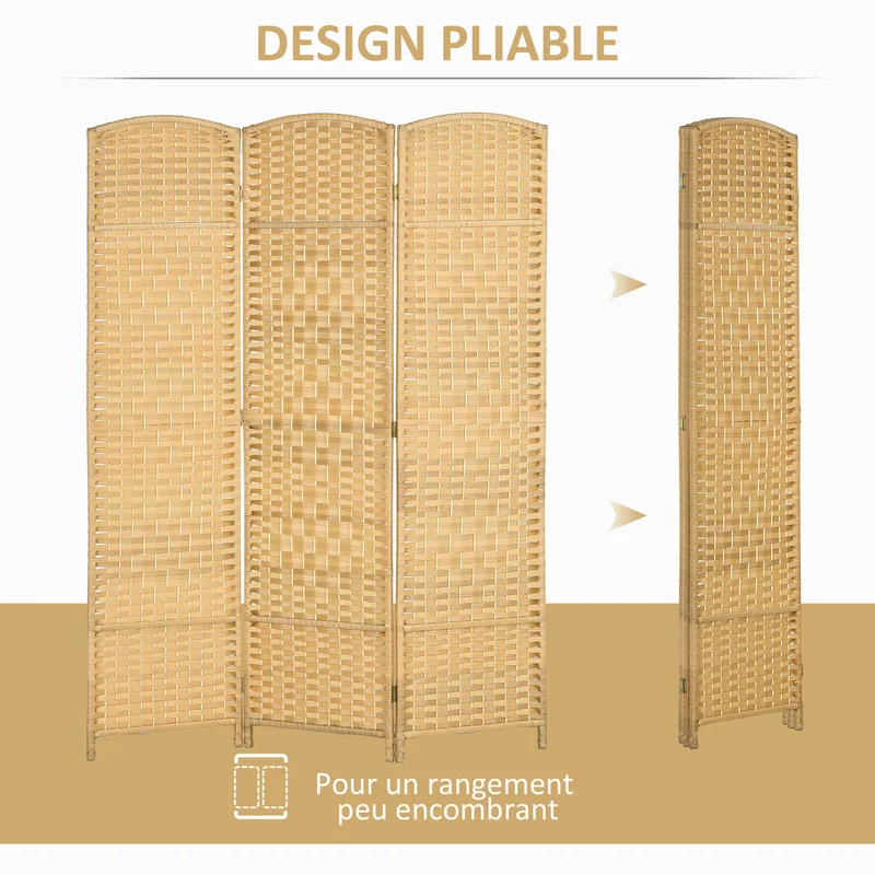 Paravent intérieur 3 panneaux 135 x 2 x 180 cm pliable séparation salon chambre scandinave en polypropylène bois naturel 21_0001333