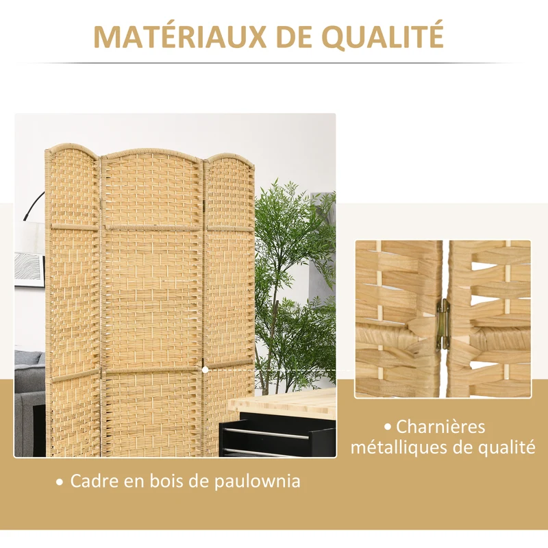 Paravent intérieur 3 panneaux 135 x 2 x 180 cm pliable séparation salon chambre scandinave en polypropylène bois naturel 21_0001333