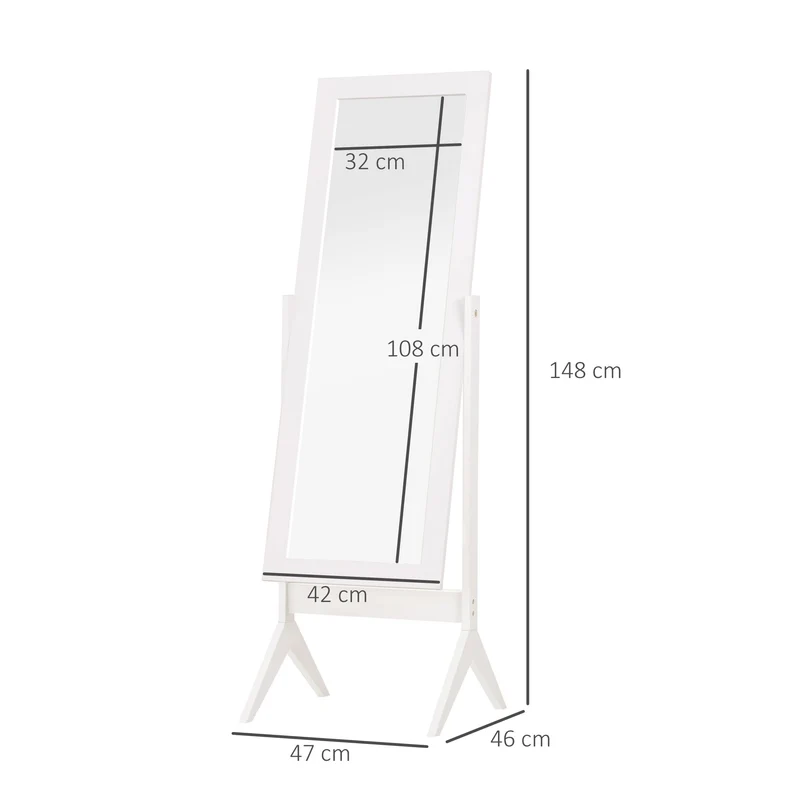Miroir sur pied dressing chambre 47 x 46 x 148 cm inclinaison réglable 2 angles vue complète classique épuré en MDF blanc 21_0001443
