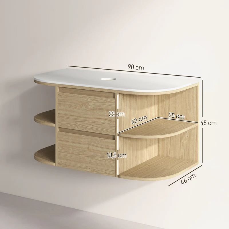 Meuble sous lavabo suspendu gain de place 90 x 45 x 46 cm rangement tiroirs fermeture douce design moderne en MDF marron 21_0002026