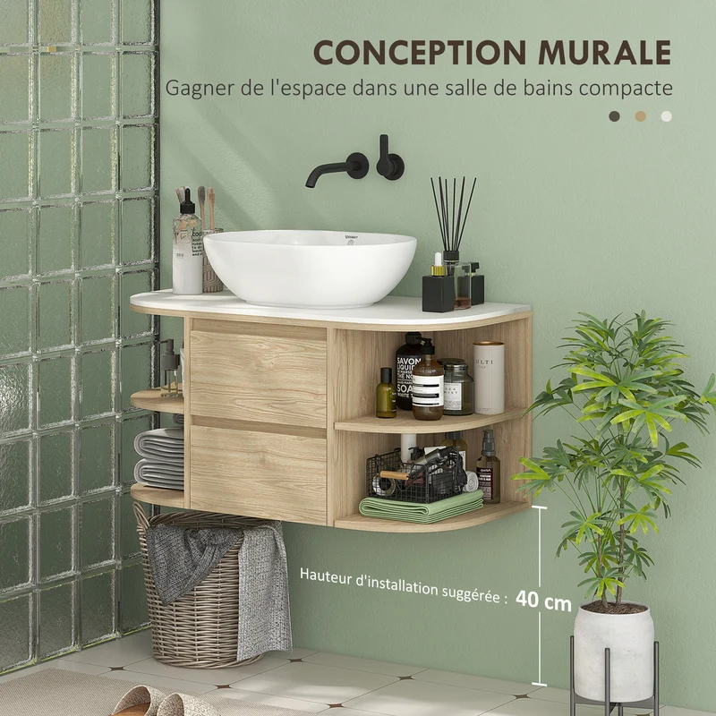 Meuble sous lavabo suspendu gain de place 90 x 45 x 46 cm rangement tiroirs fermeture douce design moderne en MDF marron 21_0002026