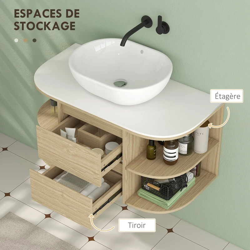 Meuble sous lavabo suspendu gain de place 90 x 45 x 46 cm rangement tiroirs fermeture douce design moderne en MDF marron 21_0002026