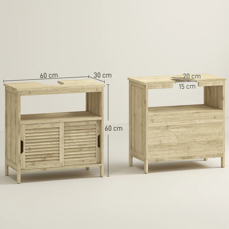 Meuble sous lavabo salle de bain 60 x 30 x 60 cm rangement ventilé portes à persiennes style scandinave en bambou naturel 21_0002029