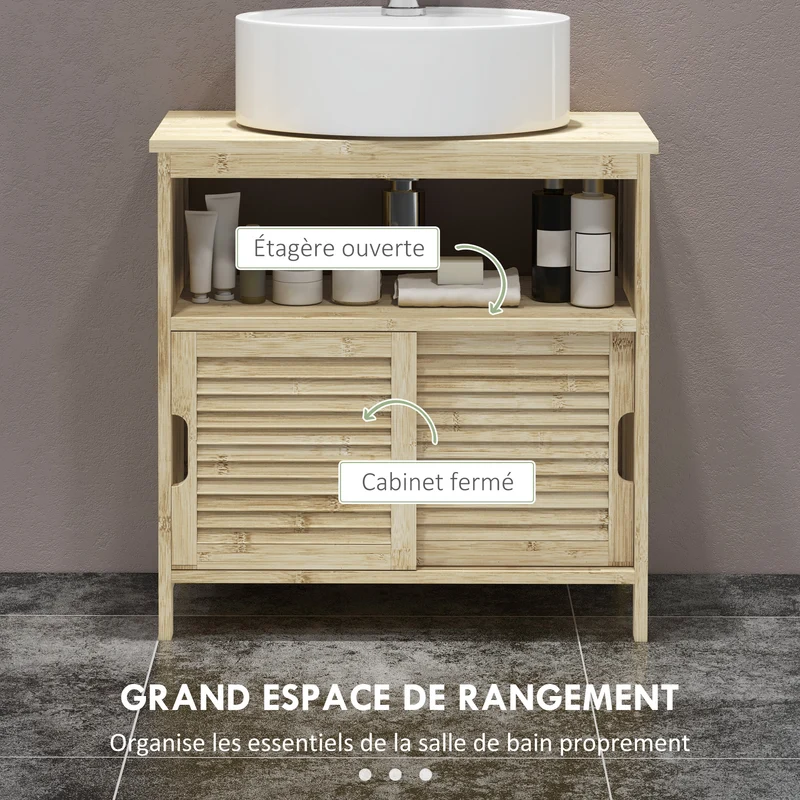 Meuble sous lavabo salle de bain 60 x 30 x 60 cm rangement ventilé portes à persiennes style scandinave en bambou naturel 21_0002029