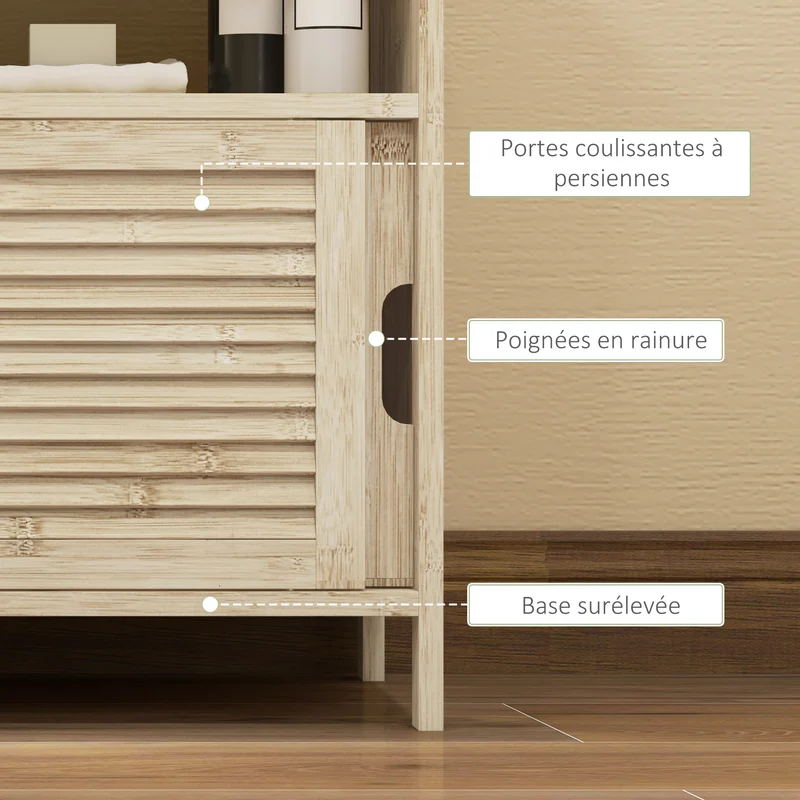 Meuble sous lavabo salle de bain 60 x 30 x 60 cm rangement ventilé portes à persiennes style scandinave en bambou naturel 21_0002029