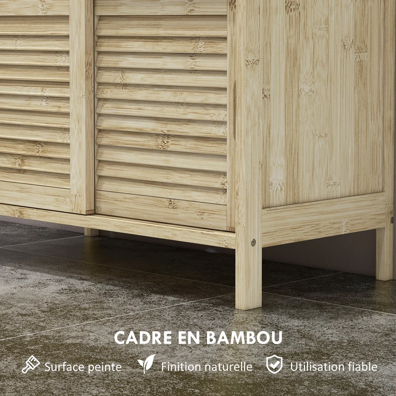 Meuble sous lavabo salle de bain 60 x 30 x 60 cm rangement ventilé portes à persiennes style scandinave en bambou naturel 21_0002029