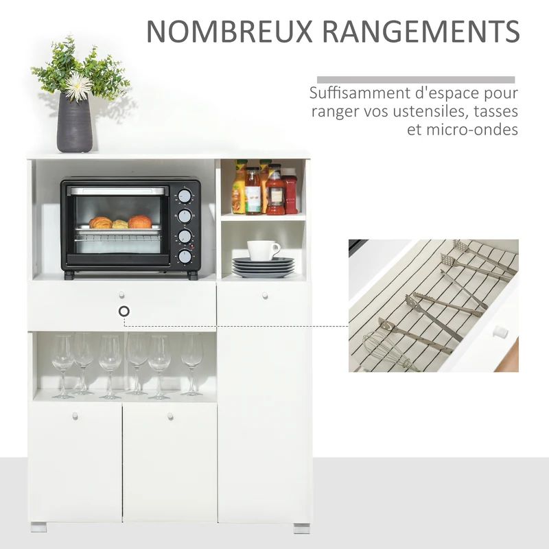 Meuble micro-ondes armoire cuisine 90 x 40 x 120 cm rangement tiroir coulissant moderne salon en bois d'ingénierie blanc 21_0002225