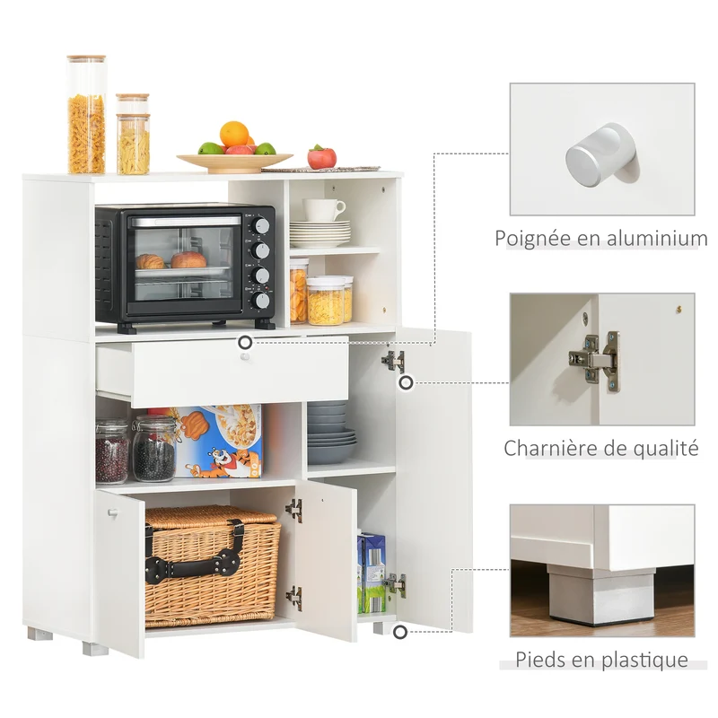Meuble micro-ondes armoire cuisine 90 x 40 x 120 cm rangement tiroir coulissant moderne salon en bois d'ingénierie blanc 21_0002225